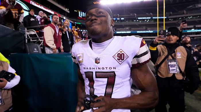 Commanders wide receiver Terry McLaurin (17) celebrates after a game against the Eagles.